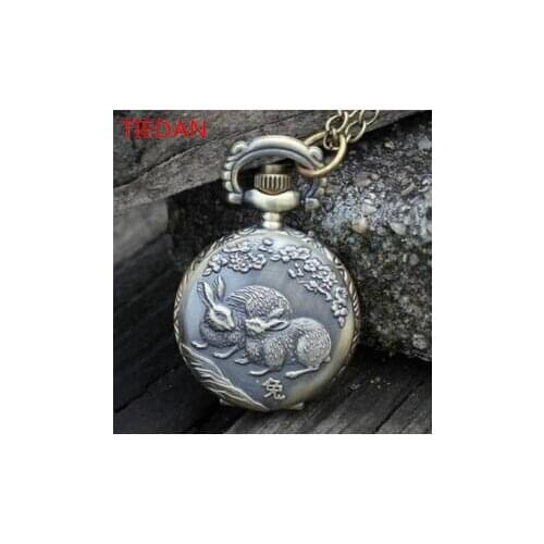 Vintage bronze Fashion quartz Chinese zodiac rabbit Classical style steampunk pocket watches Kid gift
