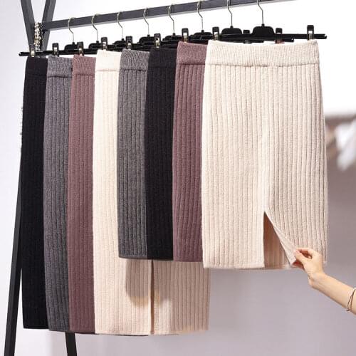 Black Slit Knitted Skirt Office Lady Sheath Skirt Female Long 2020 Autumn and Winter New Dress Wool Skirt