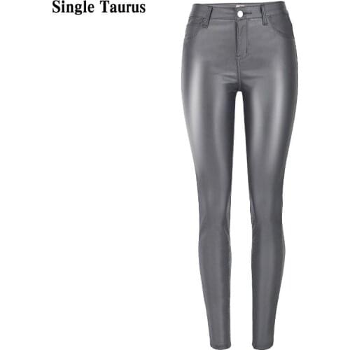 2020 Fall Winter Female Leather Pants High Waist Skinny PU Coating Jeans for Women Grey Moto Biker Pantalones Vaqueros Mujer