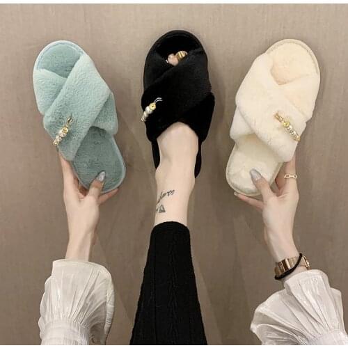 2021 Women Fashion Simple Chain Pearl Fur Slippers Home Indoor Floor Shoes Fulffy Flat Slipper For Bedroom Open Toe Comfy Shoes