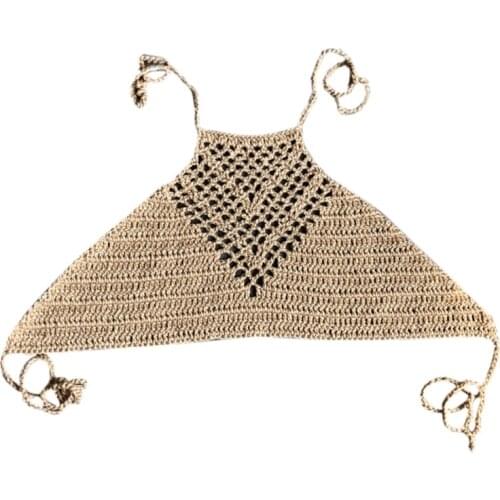 Womens Summer Hollow Out Crochet Crop Top Halter Neck Boho Ethnic Bikini Bra Solid Color Bandage Backless Sleeveless Cover