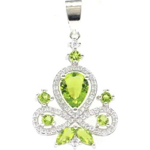36x21mm Deluxe Created Green Peridot White CZ For Women Silver Pendant Eye Catching