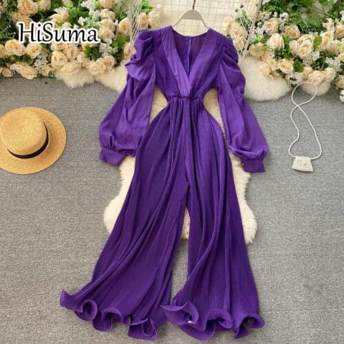 2021 Spring New Women V Collar Puff Sleeve Waist Chiffon Jumpsuit Female Deep V Neck Wide leg Bodysuit Jumpsuits