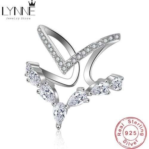 LYNNE Jewelry New 925 Sterling Silver Double Layers V Shape CZ Adjustable Rings AAAA Zircon Curve Ring Women Fashion Trend Gift