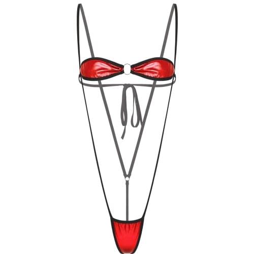 Women Female Metallic Leather Lingerie Bikini Exotic Sets Swimsuit Swimwear Summer Lace-up Bra with G-strings Sexy Clubwear