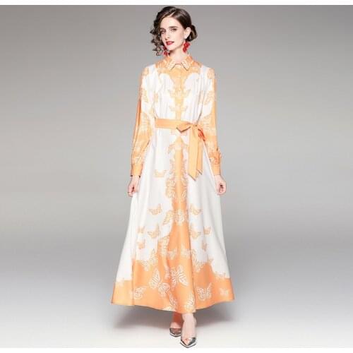Autumn Boho Holiday Long Maxi Dress Womens Vacation Designer Long Sleeve Butterfly Print Sashes Pleated Party Vestidos k9805