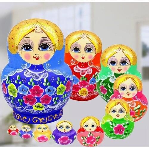 10pcs/set Wooden Toys Matryoshka Doll Kids Gift Russian Nesting Dolls Baby Toy Girl Doll Wooden Hand Printed Crafts Home Decor