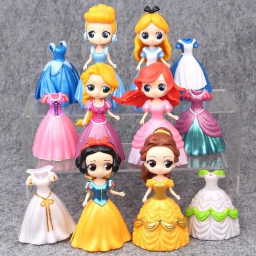 6pcs/set 10cm Disney Princess Figure Toys Snow White Sofia Belle Cinderella Alice Anna Sleeping Beauty Dress Changeable Gift