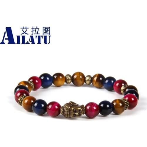 Ailatu New Design Wholesale 10pcs/lot 8mm A Grade Tiger Eye Stone Beads Bronze Buddha Head Bracelet