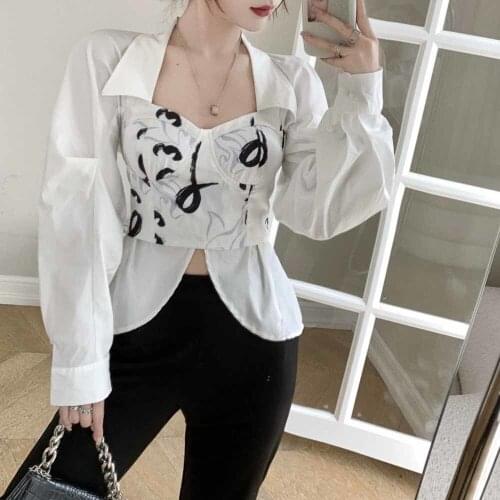 White Casual Patchwork Print Womens Shirt Lapel Puff Long Sleeve Korean Slim Fashion Woman Blouses 2021 Autumn New
