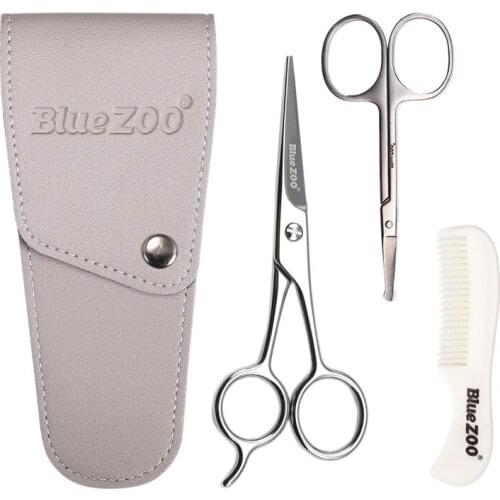 Bluezoo 3Pcs/Set Beard Care Set Professional Hair Beard Scissors Nose Hair Scissor and Comb for Men Beard Trimming