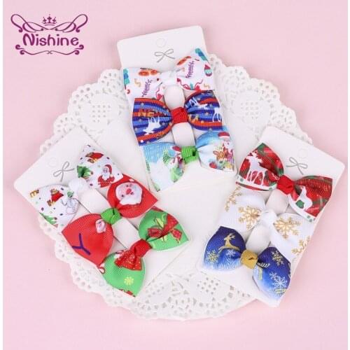 Nishine 3pcs/lot Lovely Cartoon Pattern Bowknot Infant Hair Clips Fashion Print Ribbon Bows Hairpins Baby Headwear Holiday Gifts
