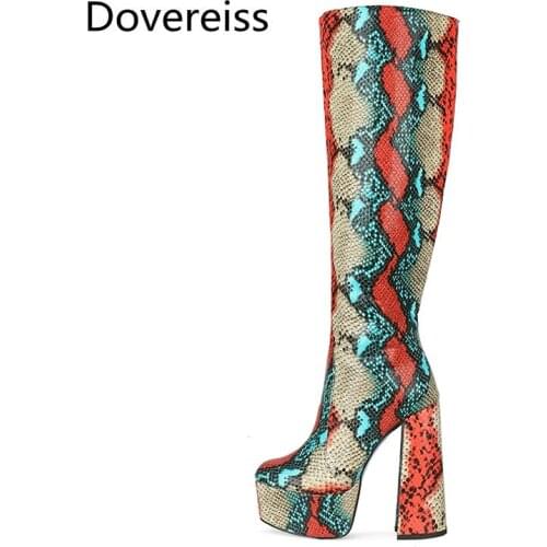 Dovereiss Fashion Womens Shoes Winter Pointed Toe Block heels Waterproof Zipper Ladies Boots Knee High Boots Concise Mature 45