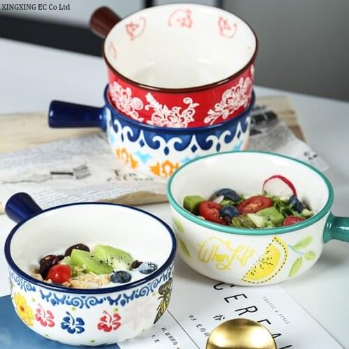 8-inch Creative Personality Bowl Japanese Ceramic Household Breakfast Bowl Plant Flower Pattern Simple Tableware Supplies