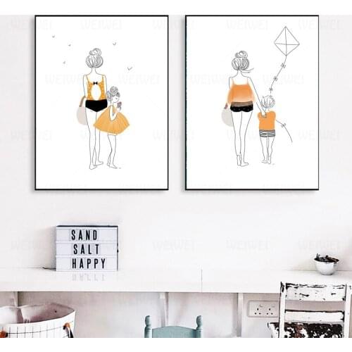 Cartoon Girl Boy Woman Kite Minimalism Wall Art Canvas Painting Nordic Posters and Prints Wall Pictures Kids Room Nursery Decor