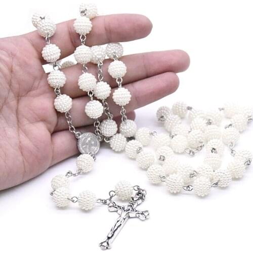 Catholic Christian INRI Cross Pendant Necklace 10mm Rosary Beads Long Chain Necklaces for Women Wedding Prayer Jewelry Gift