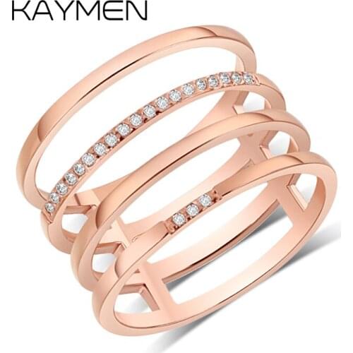 KAYMEN New Unique 4 Circles Statement Wedding Ring For Women Copper Inlaid Zirconia Cocktail Ring 2 Colors Party Jewlery Bijou