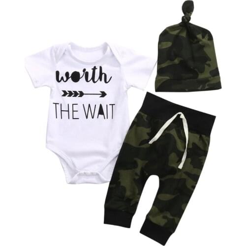 Baby Girl Boy Bodysuit Sets 2021 Autumn Infant Babies "worth THE WAIT" Printed Bodysuits Long Pant Hat 3 Pcs Kids Clothing Sets