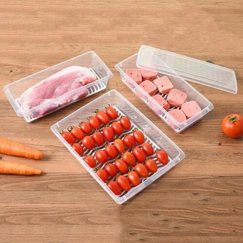 1pc Food Drain Storage Container Plastic Rectangle Fridge Drain Organizer Box Fruit Meat Vegetable Keep Fresh Sealed Case