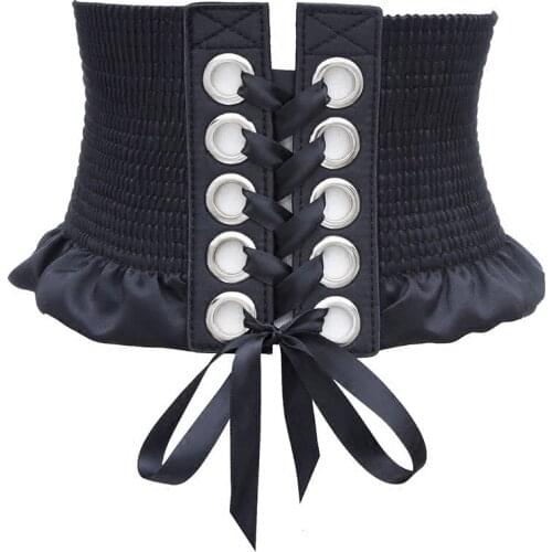 Korean womens super wide elastic bandage girdle bowknot fringed belt dress wild fashion decoration black