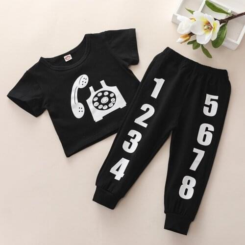 #VW Boys Cool Sets Summer Short Sleeve Cartoon Short Sleeve Tops+Digital Prints Black Long Pants Clothes Set garçon ensembles