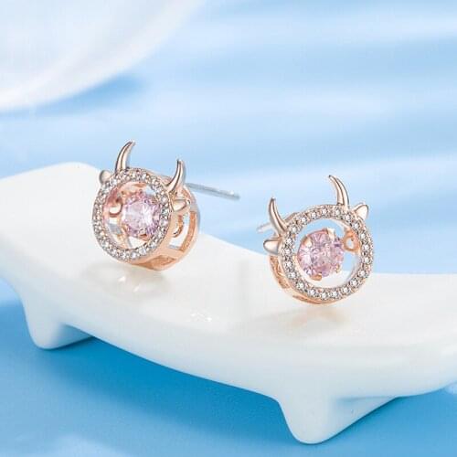 Cute Rose GoldColor Small Ox Horn Round Zircon Stud Earring Twelve Zodiac Signs Year of The Ox Jewelry Trendy Girls Earring Gift
