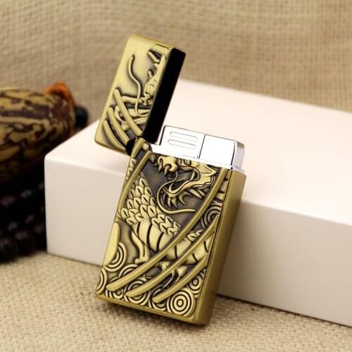 Refillable Inflatable Windproof Dargon Carved Metal Straight Into Creative Lighter Tobacco Accessories Gadgets for Men Gifts