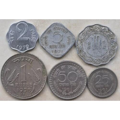 India 1968-1979 Coin 2-5-10-25-50 Paisa-1 Rupee Full Set 6 Pieces Genuine Coins Real Original Coin