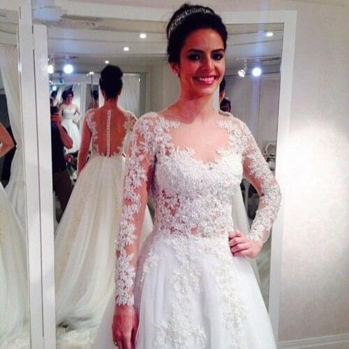 New Arrival Long Sleeves Wedding Dress 2019 Lace Appliques Bridal dress A-Line Beaded illusion Casamento wedding Gowns