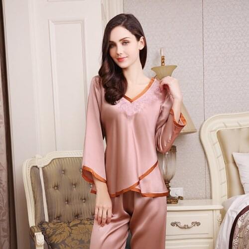 Sexy Silkworm Silk Pajama Sets Female Thin Style 100% Silk Sleepwear Women Delicate Embroidery Long-Sleeve Pyjama YE1735A