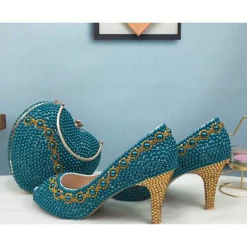 Teal Blue Pearl wedding shoes with matching bags bride party dress High heels platform shoes Open Toe shoe Fish Toe green blue