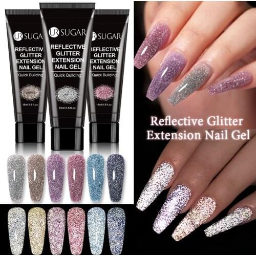 UR SUGAR 15ml Nude Reflective Extension Nail Gel Pink Silver Glitter Quick Building Gel Nail Art Design Easy DIY