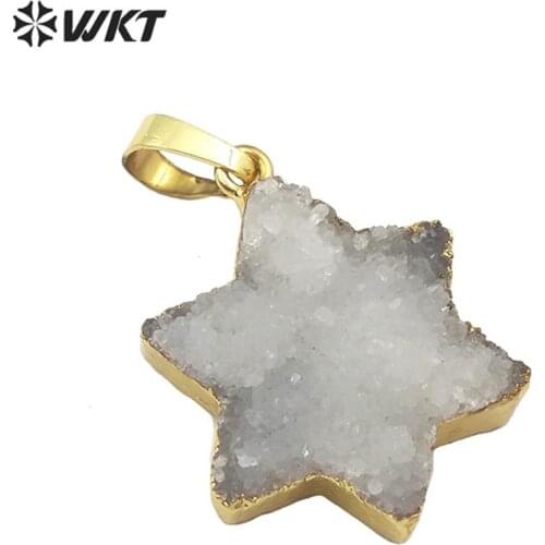 WT-P1508 bohemian natural hexagonal druzy quartz stone pendant gold druzy crystal pendant