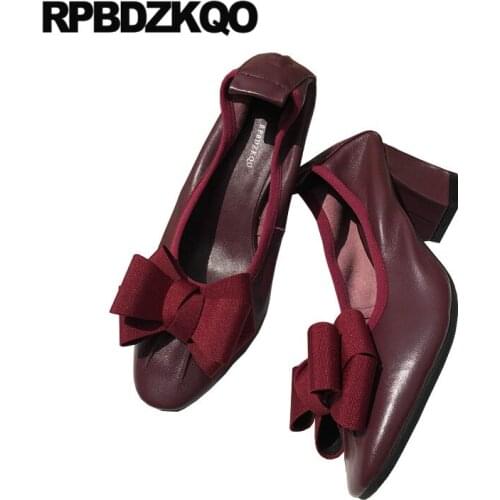 Blue 2019 square toe wine red bow genuine leather female thick pink shoes women size 4 34 pumps sweet medium heels gun color