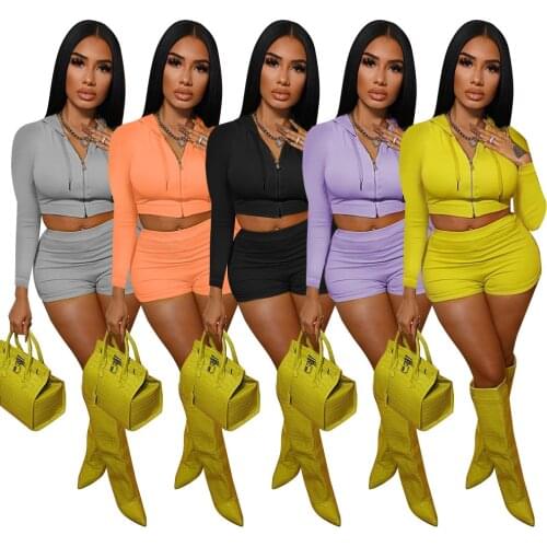 Casaul Women Biker Two Piece Set Jacket Coat And Short Pants Solid Color Hooded Drawstring Streetwear Autumn Clothes For Women