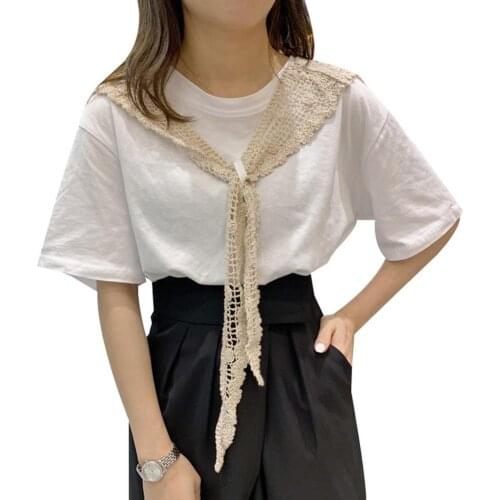 Women Tops Summer Loose O Neck Hollow Lace Shawl Solid Color Short Sleeves T-shirt Daily wear рубашка женская 2021