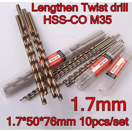 1.7*50*76mm 10pcs/set HSS CO5% M35 Containing cobalt longer twist drill Processing stainless steel and steel