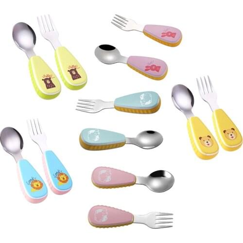 1 Set Stainless Steel Baby Tableware Spoon Fork Cartoon Dinner Dish Feeding Food 6 Styles