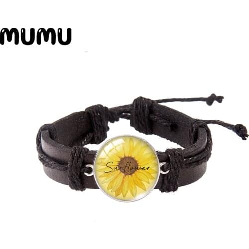 2021 New Beautiful Sunflowers Leather Bracelet Floral Round Glass Dome Bracelets Handmade Jewelry Gifts Men Women