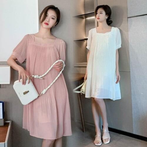 69964# Maternity Clothes Summer Short Sleeve Pleated Easy Matching Loose Stylish Dress for Pregnant Women Pregnancy Clothes