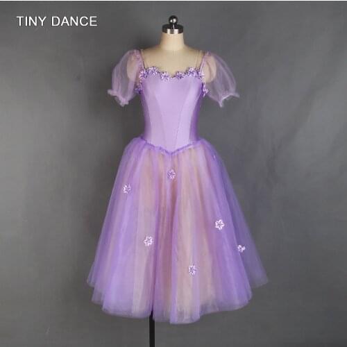 Short Puff Sleeve Long Ballet Dance Tutu Ourple Spandex Bodice Leotard Dress for Gilrs and Women Ballerina Costumes 20531