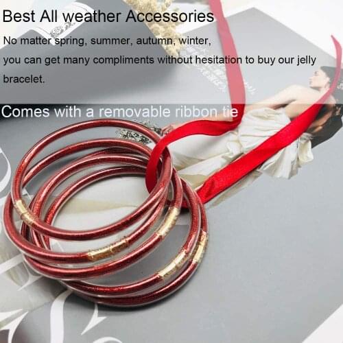 Bling Bling 5Pcs Red Color Glitter Jelly Bangle Bracelet Plastic w Shinning Powder Lining Fashion Jewelry Lightweight Bracelet