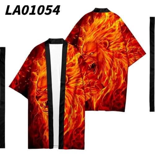 Oversize 6XL Lion Printed Long Style Japanese Kimono Cardigan With Belt Couple Women Men Casual Asian Clothes Harajuku