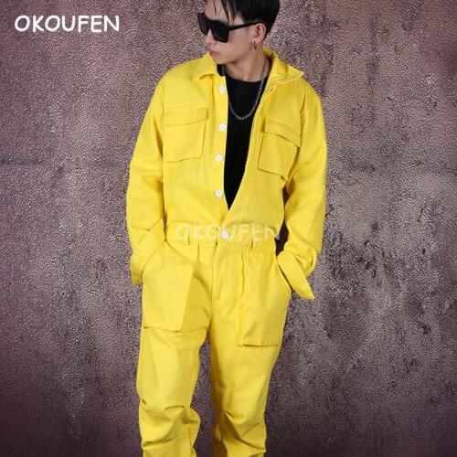 Nightclub male hair stylist DS team mens yellow jumpsuit overalls costumes tights hip hop tooling dance set