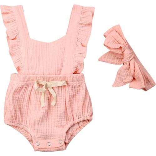 Brand New Summer Cute Newborn Baby Girls Solid Color Ruffle Bodysuit+Bow Headband 2PCS Outfit Set