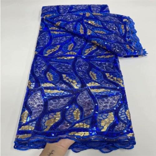 Royal Blue Sequins Lace Fabric Bridal Sequence Embroidery Elegant African Nigerian Latest Design Style High End