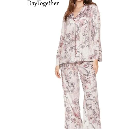 Summer Womens Pajamas Long-Sleeve Trousers Female Sleepwear Print Floral Ladies Homewear Suit Two-Piece Nightgown