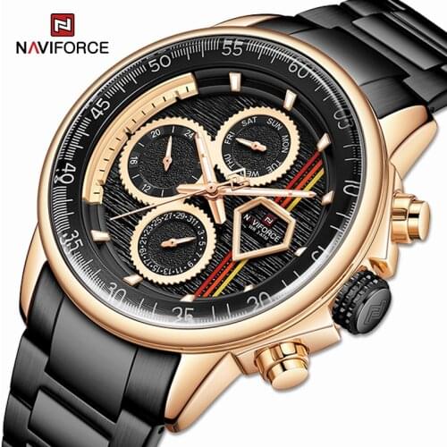 Top Brand NAVIFORCE Rose Glod Black Watch For Men Casual Military Sports Complete Calendar Stainless Steel Men Quartz Wristwatch