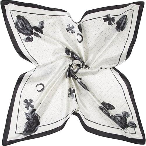 Fashion Black&White Rose Scarf Women Foulard Square Shawl Luxury Brand Hijab Scarves Female Office Hostess Wraps 90x90cm