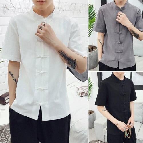 Summer Tang suit mens Tang suit loose short sleeve youth large cotton linen half sleeve thin disc button shirt Chinese top